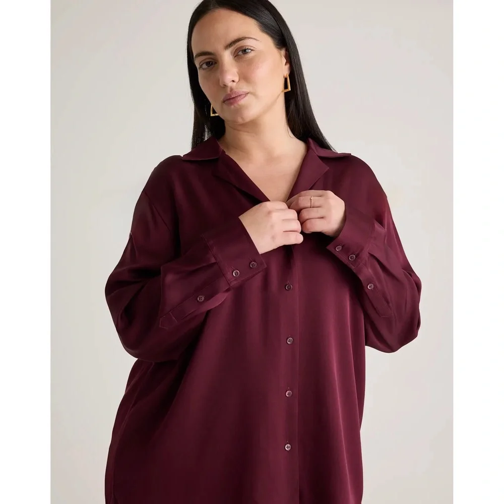 Quince Washable Stretch Silk Notch Collar Button Front Blouse Wine Tasting Red - Picture 5 of 13